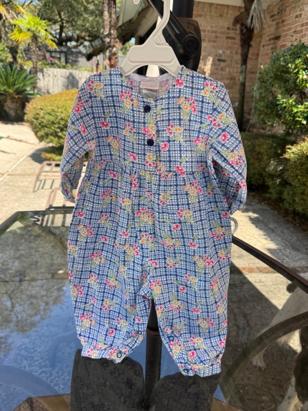 Vintage Carter's Blue Floral Plaid Baby One-Piece